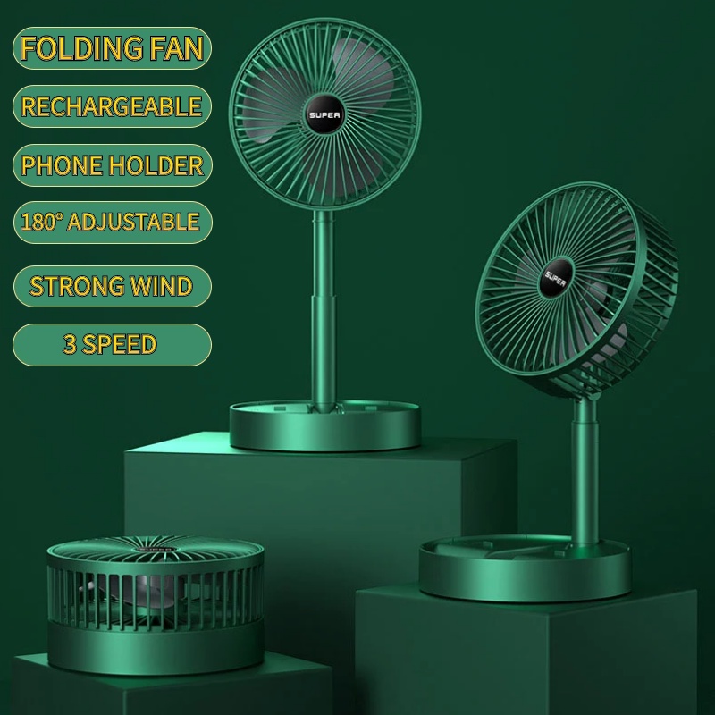 (UPGRADED)Kipas Mini Portable Fan Folding Table Fan Telescope Desktop Fan Rechargeable Strong Wind 180 degree adjustable