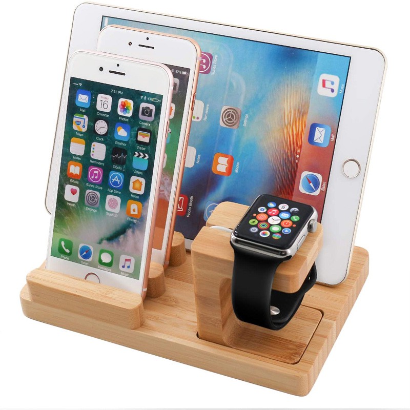 3-in-1 Desktop Mobile Phone Holder Stand for iPad Tablet Bracket Real Bamboo wood Stand for Apple Watch Pad iPhone Tablet