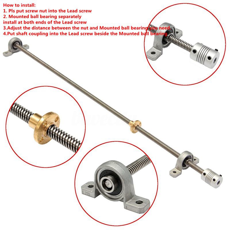 T8 600mm Stainless Steel Lead Screw Set with Mounted Ball Bearing and Shaft 