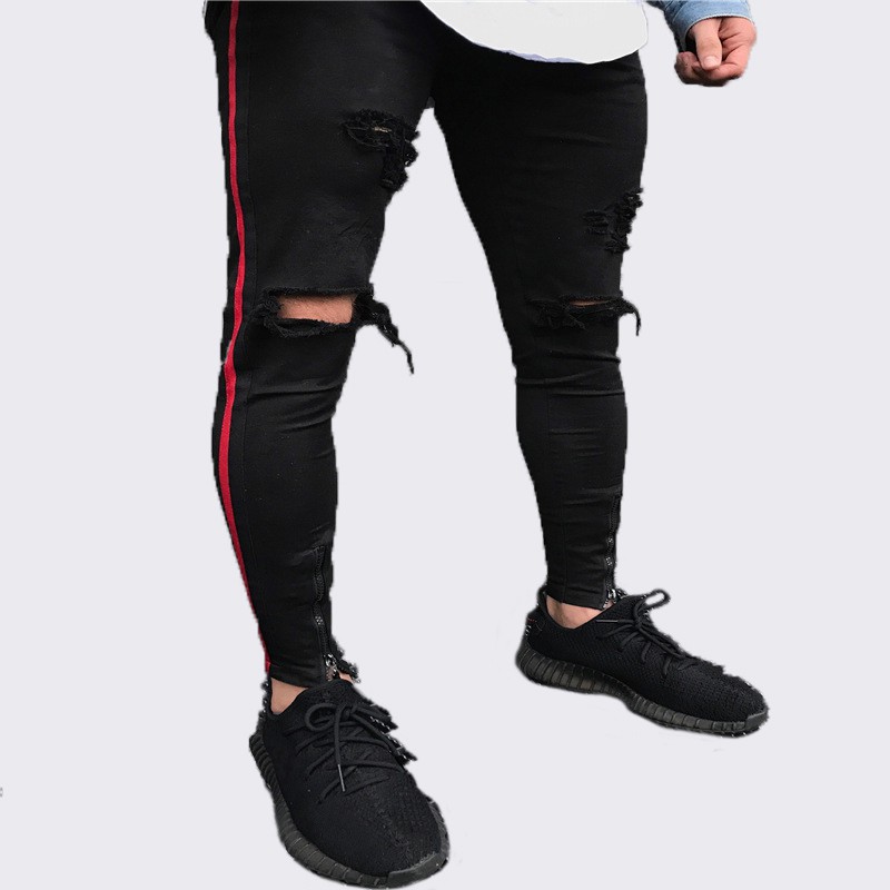 mens black pants with red stripe