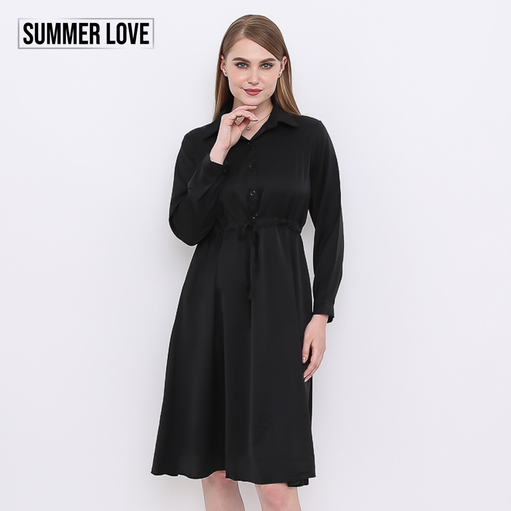 Summer Love Long Sleeves Dress with Pockets and Adjustable Front Waist Ribbon - Green/Black/Purple