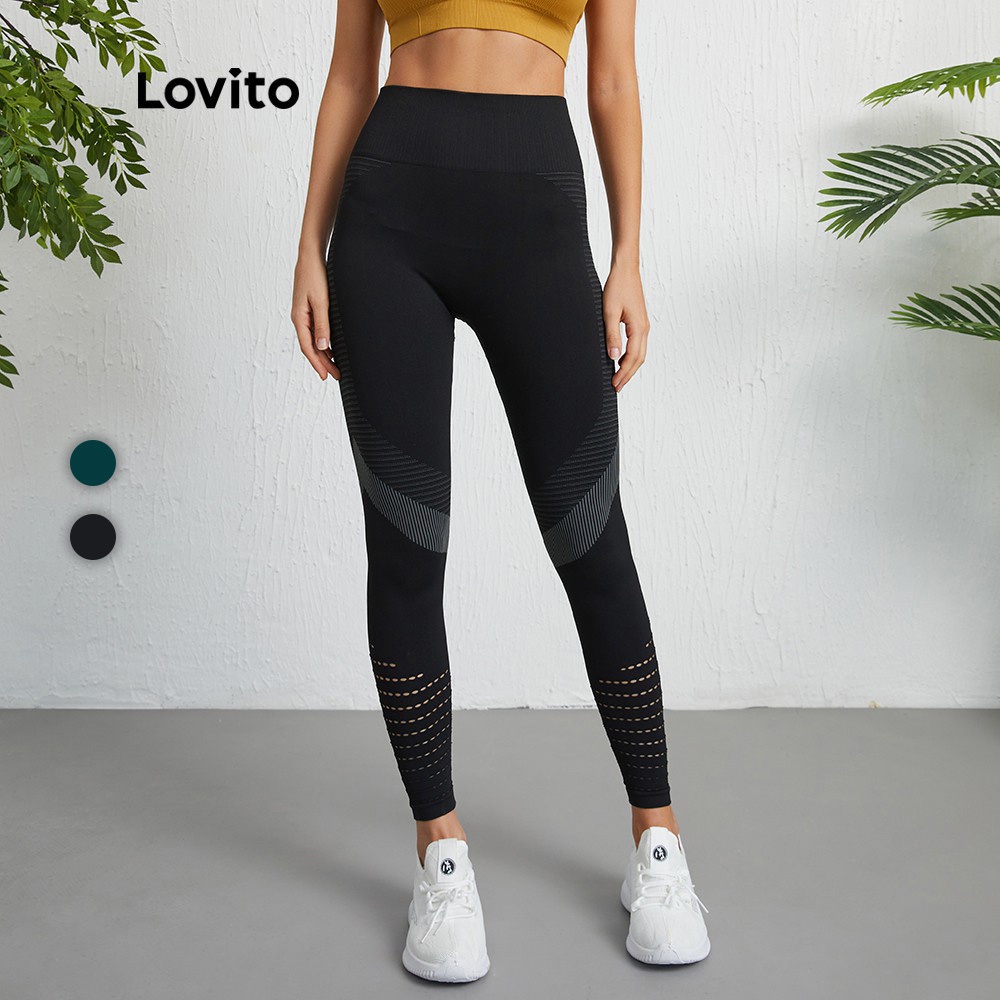 Essential Reliable Lovito Plain Quick Drying Cut Out High Waist Seamless Slimming Sports Leggings Woman L09021 (Black... - Image 4