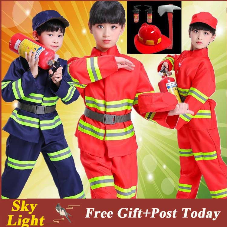 Kids Firefighter Cosplay Little Fireman Costume Uniform for Boy Girls Child