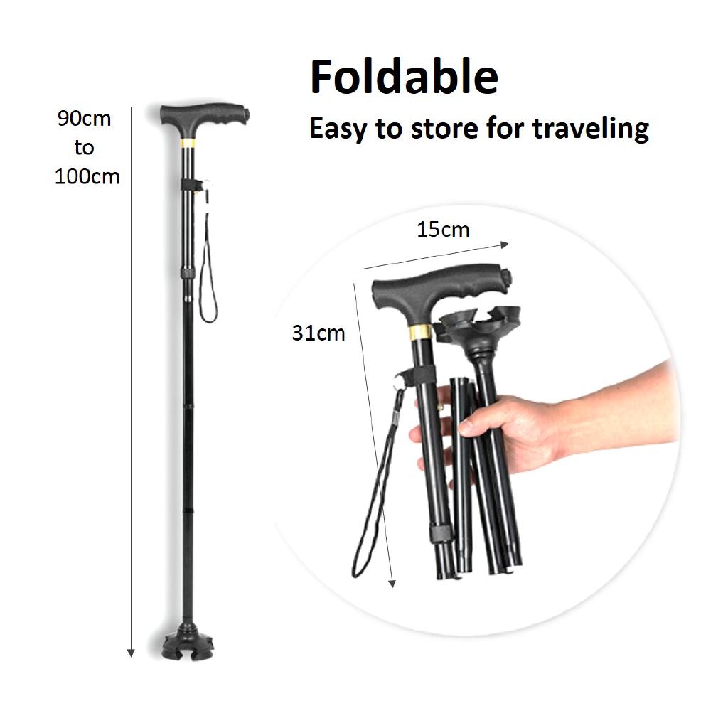 Folding Walking Stick Torch Light Adjustable Height Extra Wide Base