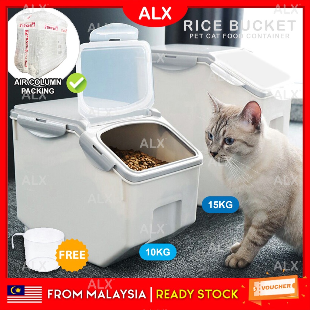 ALX Fully Sealed 10/15kg Rice Bucket Food Storage Box Pet Cat Food Container Bekas Beras Plastik Makanan Kucing 米桶