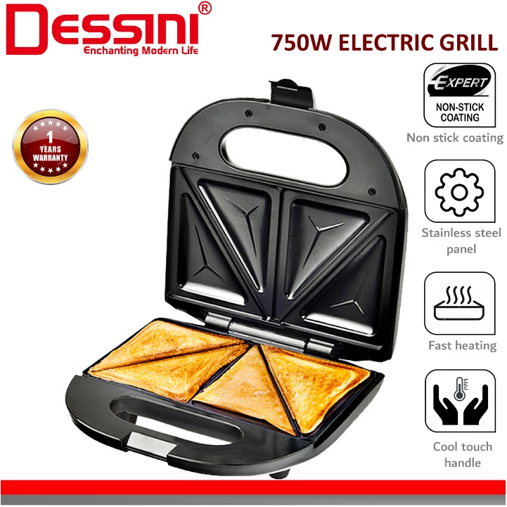 DESSINI ITALY Double Sided Electric Pizza Panini Waffle Sandwich Maker Toaster Barbecue BBQ Grill Non-Stick Baking Pan