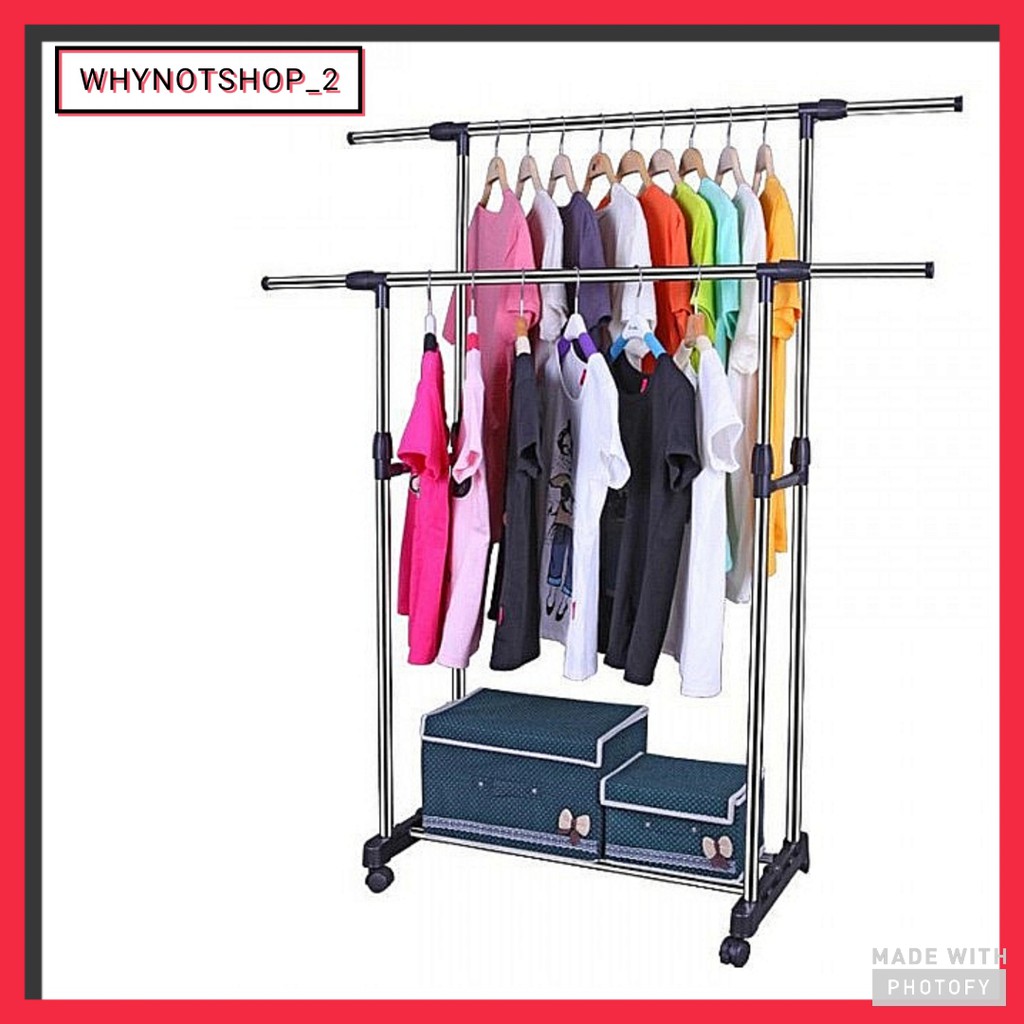 [Ready Stock] Double Garment Rack with Wheels and Extendable/Rak/Almari