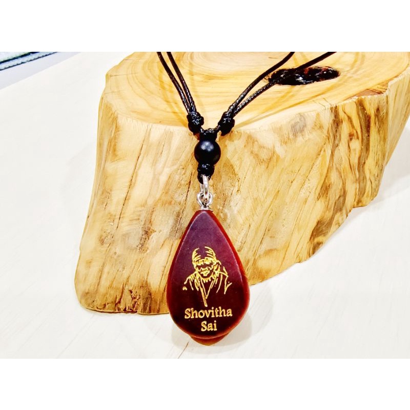 Handmade Raja Kayu Teardrop Shape Pendant with Engraving Works - Shirdi Baba with Name