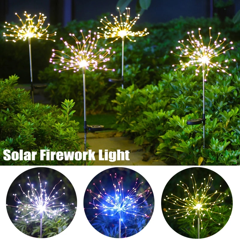 90/150 Outdoor LED Solar Lawn Lamp Firework Lights Waterproof Path Garden Decor