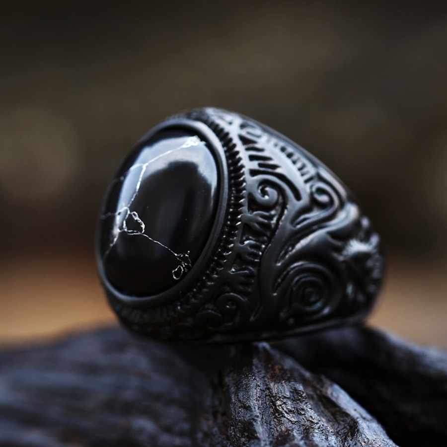 Black Turquoise Titanium Steel Vintage Men Punk Fashion Jewelry Gemstone Finger Rings