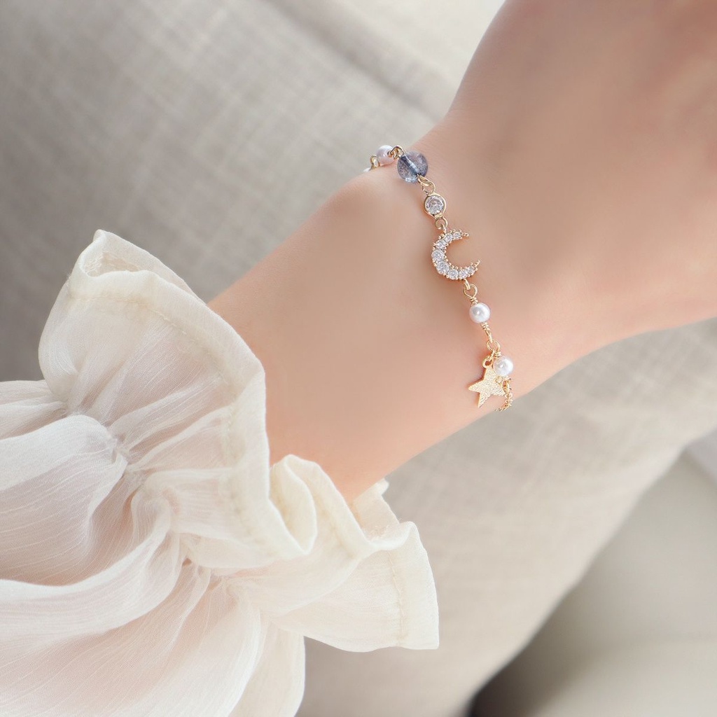 Crystal Bracelet Pink Cute Girly 925 Silver Star and Moon Bracelet Gelang Tangan Perempuan