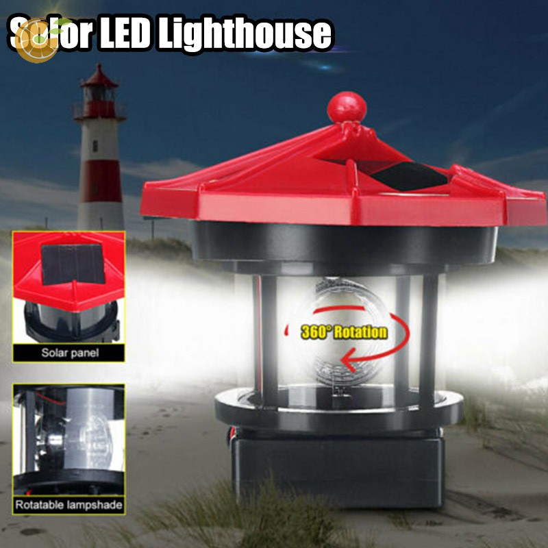 Led Solar Powered Lighthouse Waterproof Statue Rotating Garden