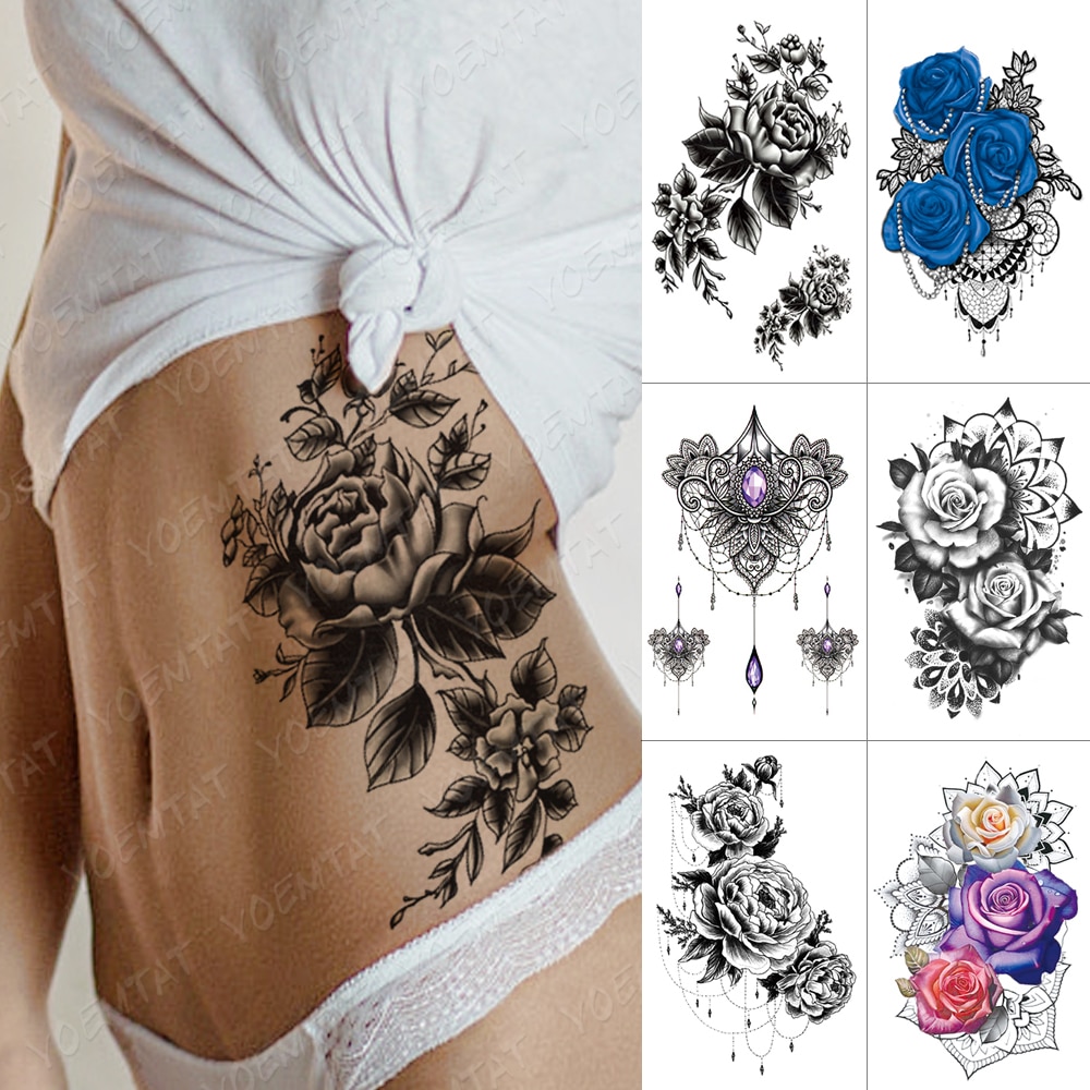Waterproof Temporary Tattoo Sticker Flower Peony Rose Sketches Flash Tattoos  Black Henna Body Art Arm Fake Tatoo Women Men | Shopee Malaysia