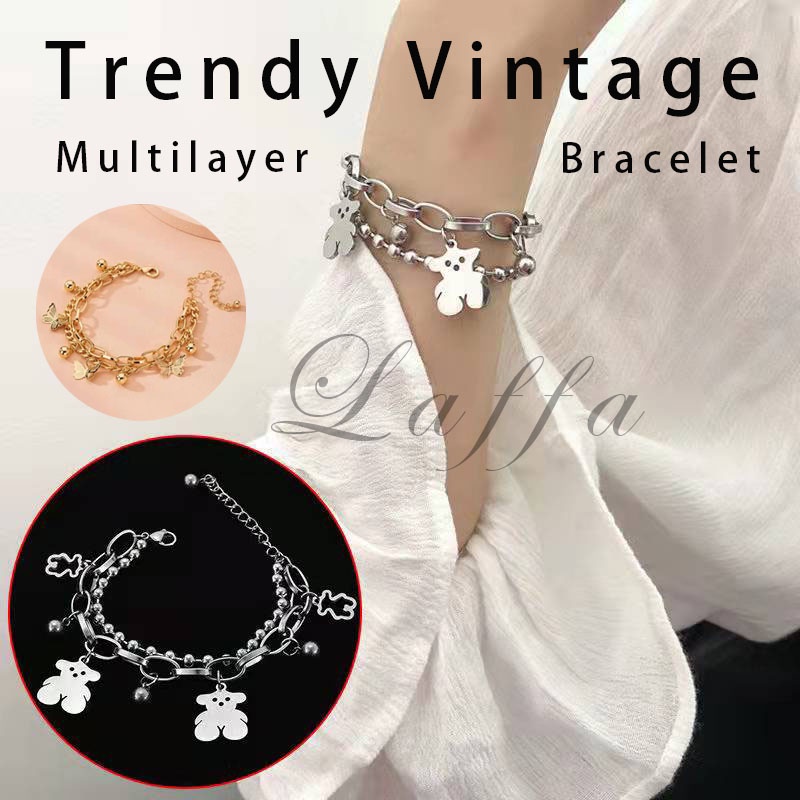 {READY STOCK}Trendy Vintage Multilayer Bracelet Butterfly/Bear Creative Gold  Silver  Bracelets for Women Jewelry Access