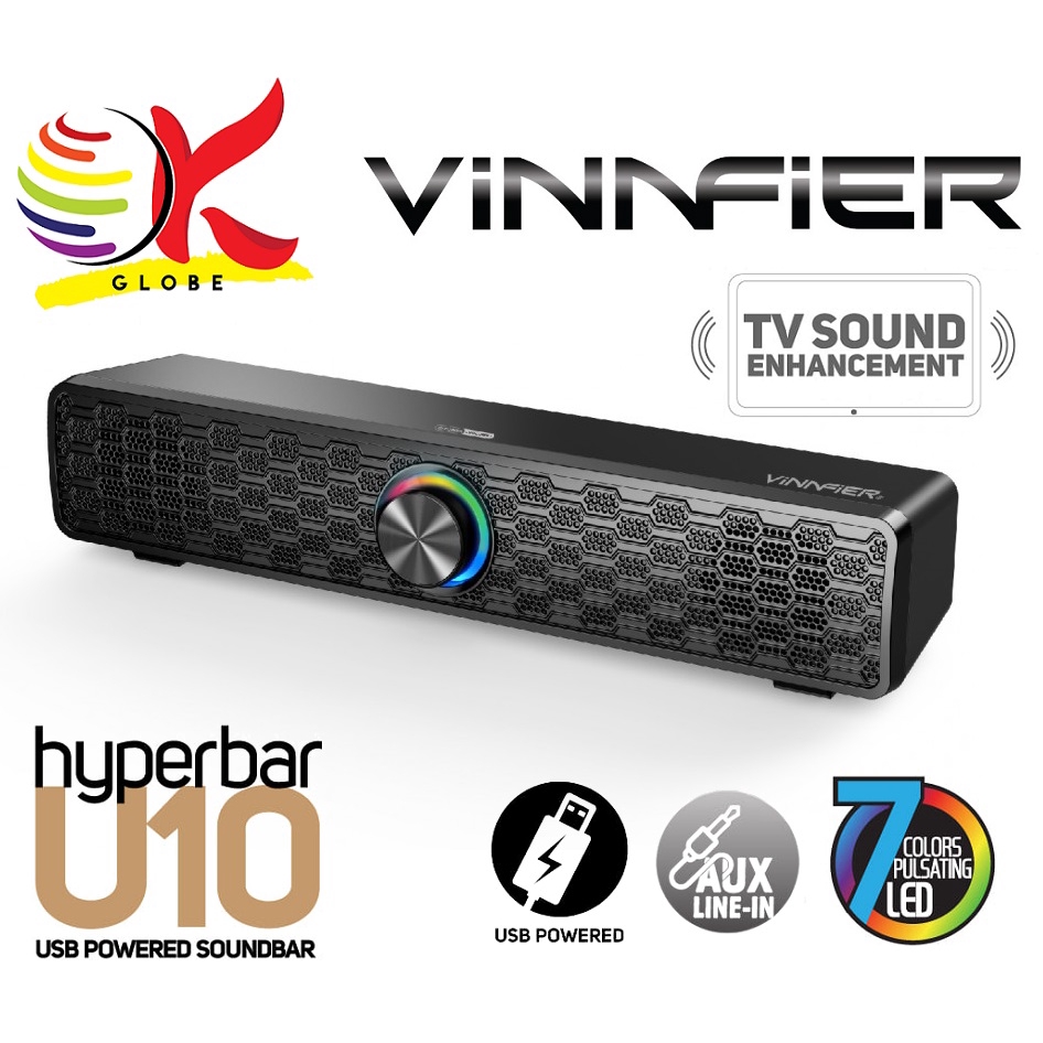 VINNFIER HYPERBAR U10 BTR USB POWERED SOUNDBAR WITH 7 COLORS PULSATING LED FOR TV OR COMPUTER MONITOR