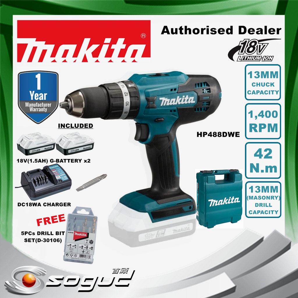 MAKITA HP488DWE 18V G-BATTERY 13MM (1/2") CORDLESS IMPACT HAMMER DRIVER ...