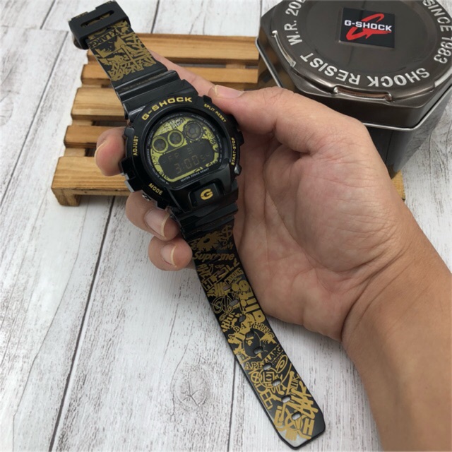 Casio G shock Dw6900 custom Supreme black gold Jam tangan