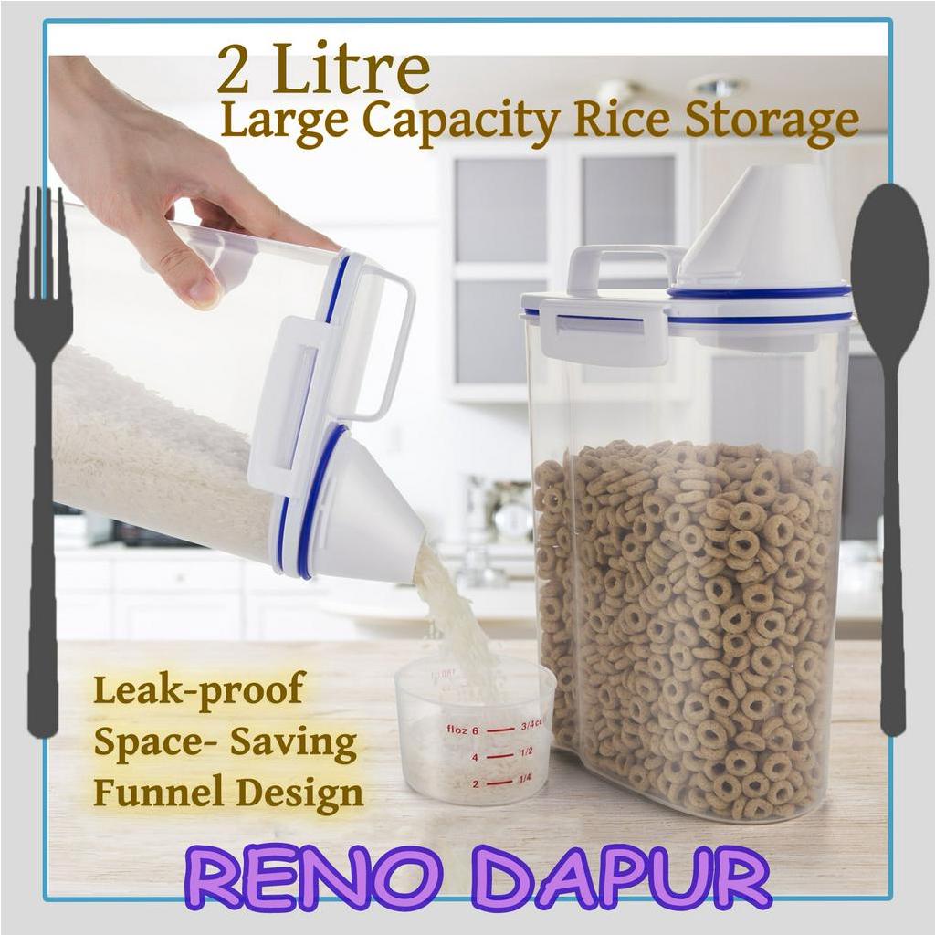 RENODAPUR 2L Food Container Dispenser Plastic Storage Box Cereal Grain Rice Kitchen Container Measuring Cup Bekas Beras