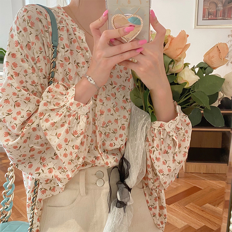 korean fashion women long sleeve floral print chiffon square neck shirt blouse tops