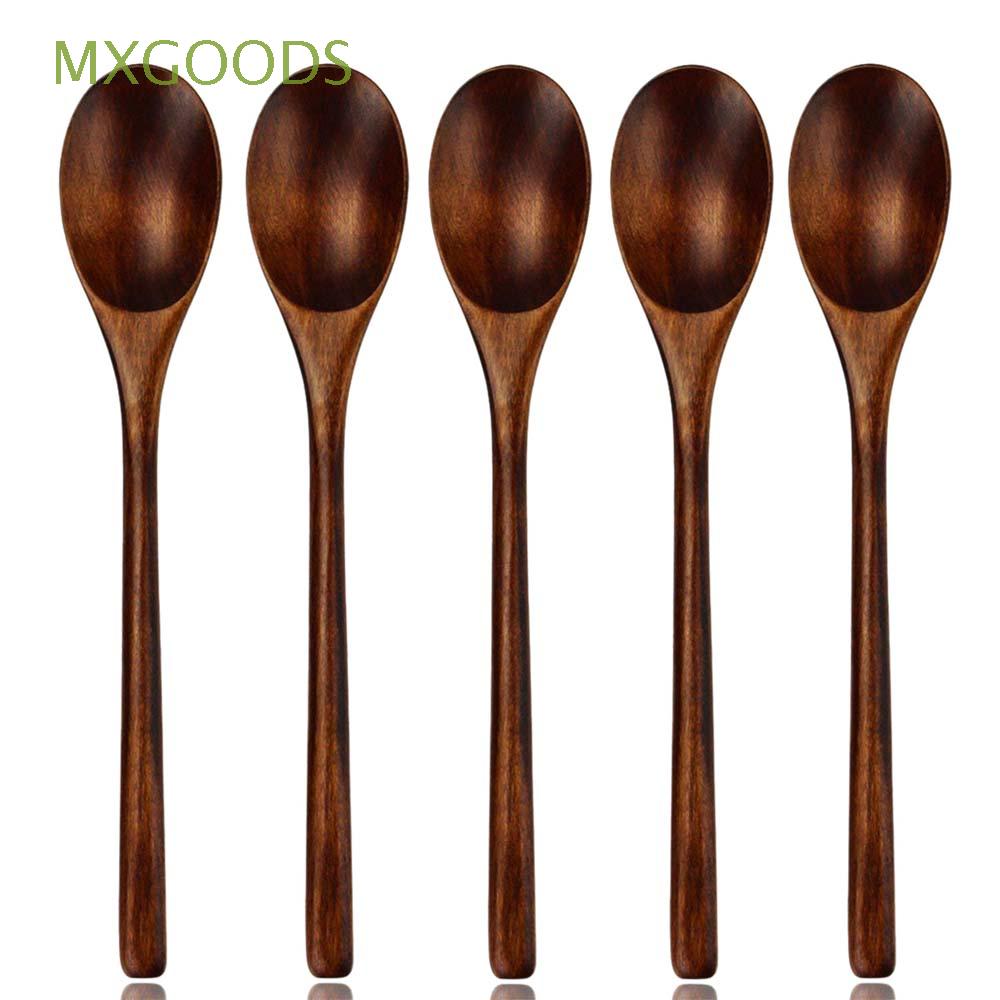 MXGOODS 5 Pieces Wooden Spoons Japanese Style Kitchen Utensil Soup Spoons Tableware Long Handle Ellipse Natural Wood Stirring Eco Friendly Cooking Supplies