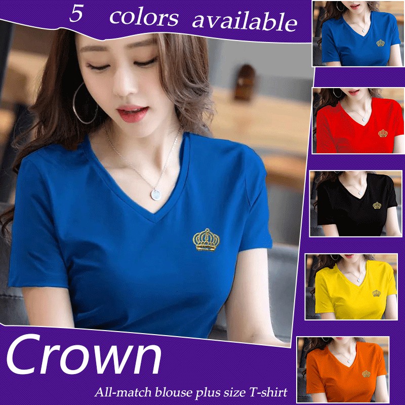 ?95 cotton embroidery bottoming shirt V-neck short-sleeved t-shirt female Korean version of all-match blouse plus size t-shirt