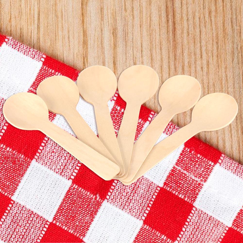 100Pcs Disposable Wooden Spoons10cm Ice Cream Dessert Spoons Flatware Cutlery Bupplies 