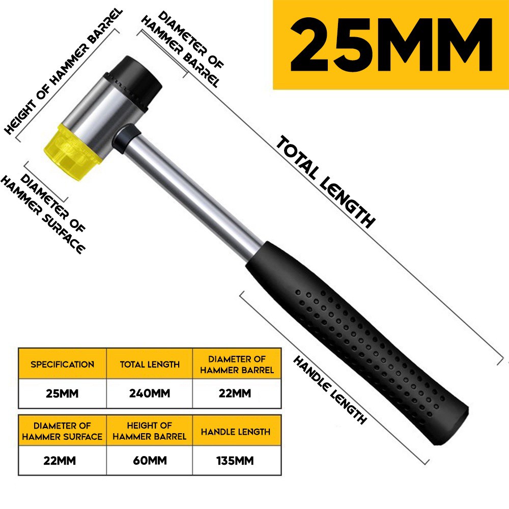 FREE POS 🌹[Local Seller] 25MM 30MM 35MM 40MM DOUBLE FACE SOFT RUBBER HAMMER MALLET NON-SLIP RUBBER HANDL