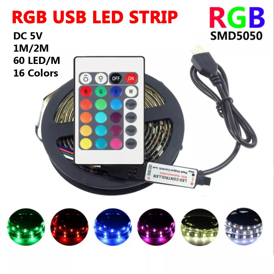 USB RGB LED Strip DC 5V SMD 5050 1M, 2M, 3M 24Key Remote 30 60 LED Per ...