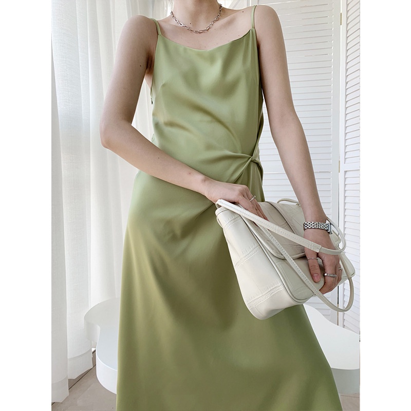 Satin Suspender Dress Female Design Feel Loose Black Pullover Solid Color Slimmer Look