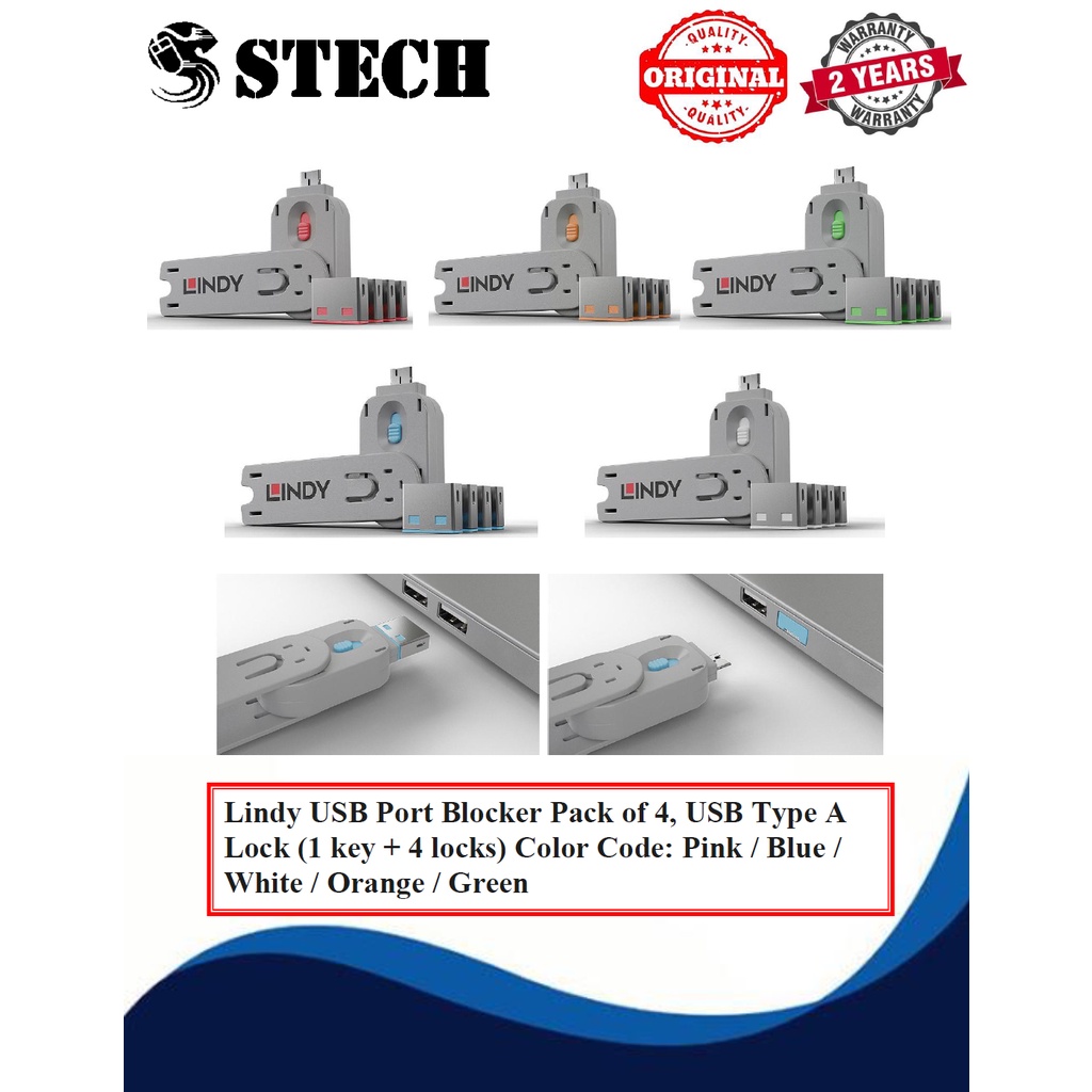 Lindy USB Port Blocker Pack of 4 , USB A Lock (with key) (1 key + 4