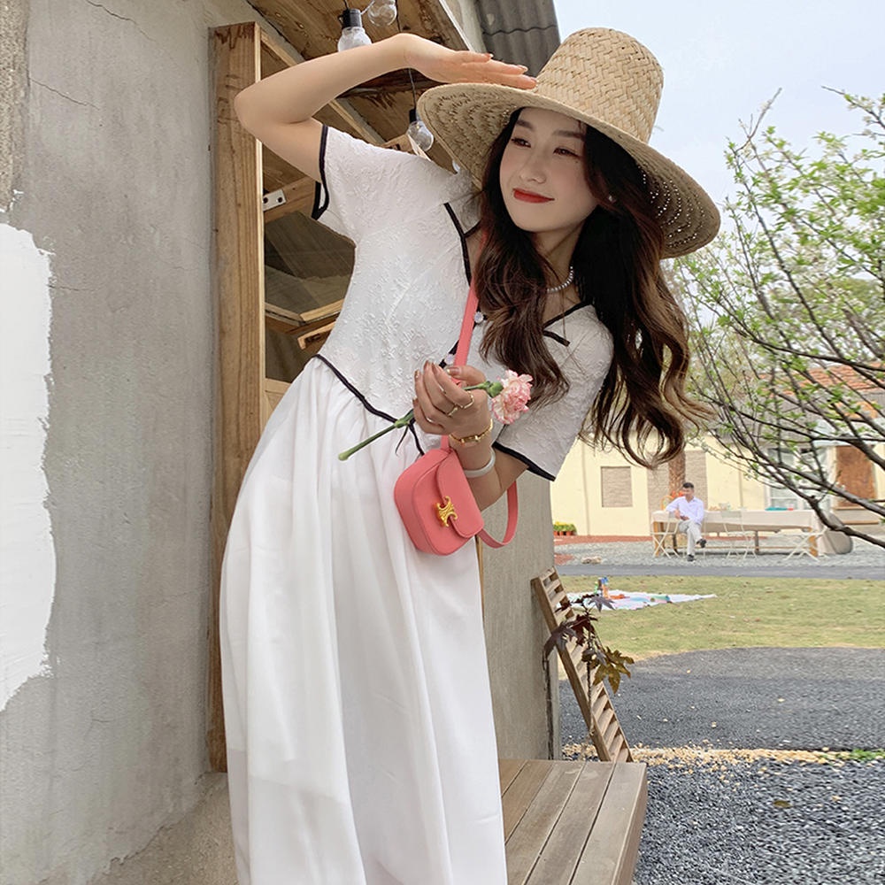 50650 Summer Classy Contrast Color High Waist Lace-Up Short-Sleeved Dress