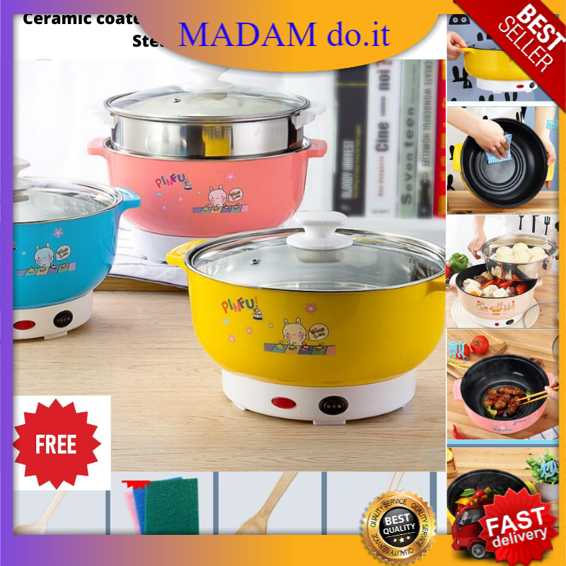 [READY STOCK] Ceramic Coated Multi-Functional Electric Cooker Steamer Cooker 22cm (Malaysian Plug)