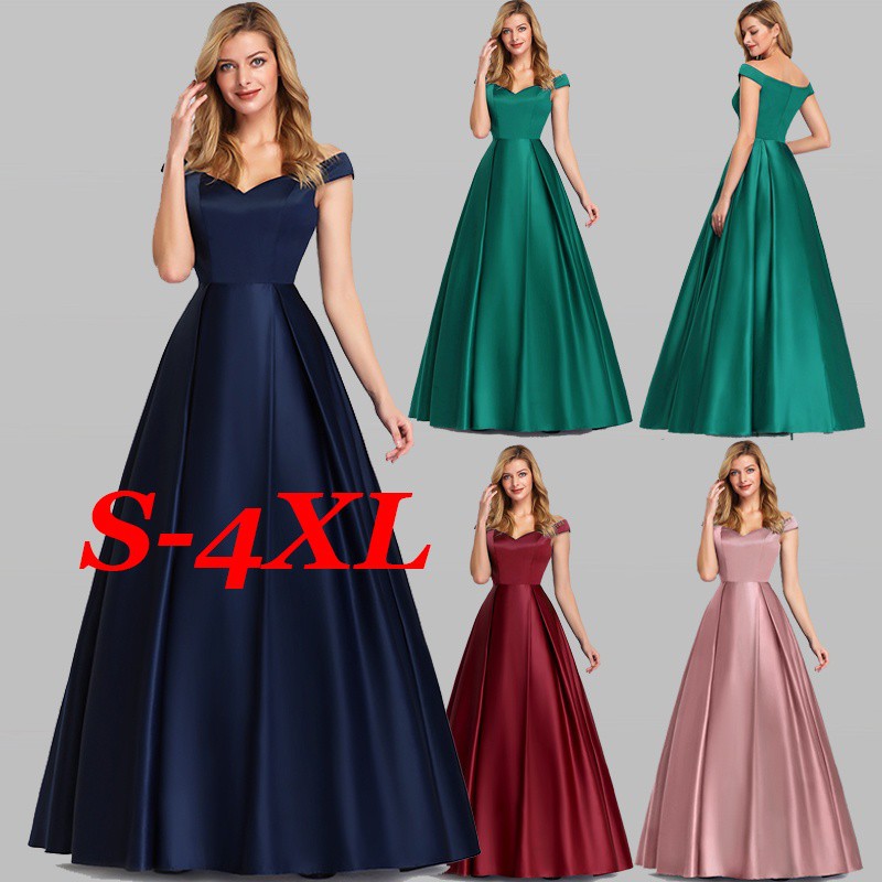 S 4XL Women Satin Evening Dinner Dress Elegant Long