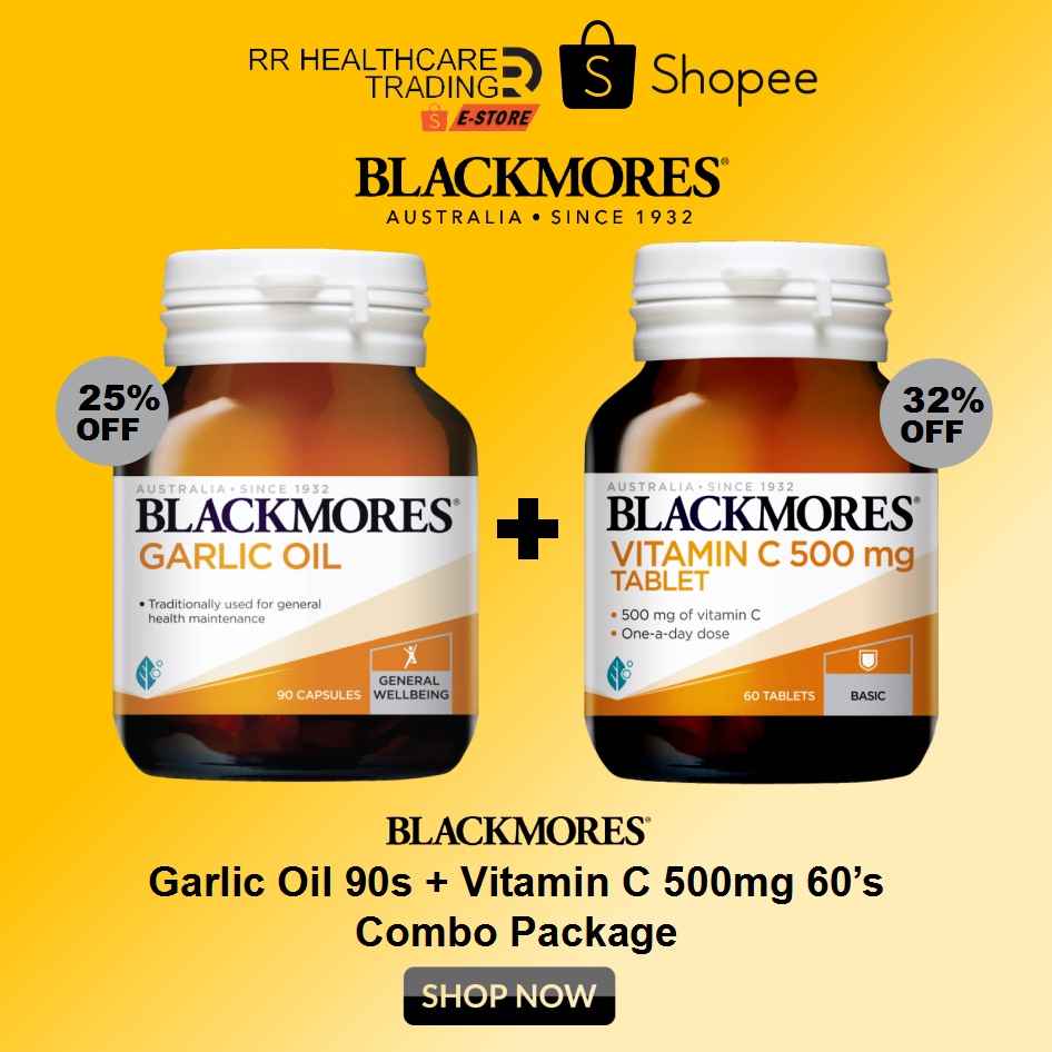 Blackmores Garlic Oil 90s + Vitamin C 500gm 60s Combo Package Shopee