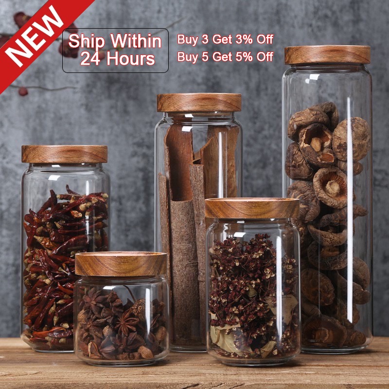 Wood Lid Glass Airtight Canister Kitchen Storage Bottles Jars Food Container Grains Tea Coffee Grains Candy Jar