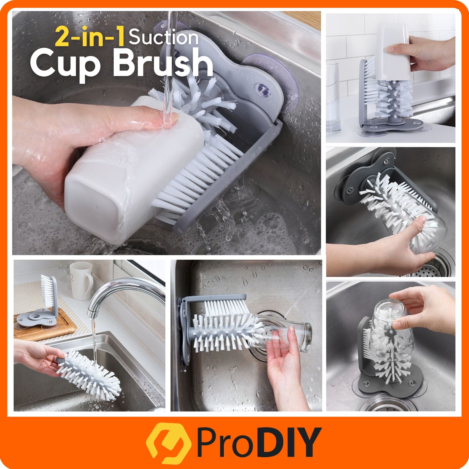 [ 2 in 1 ] Suction Cup Dual Brush Sink Wall Glass Cleaner Stand Bottle Cleaning Kitchen Rotating Washer Berus Cawan