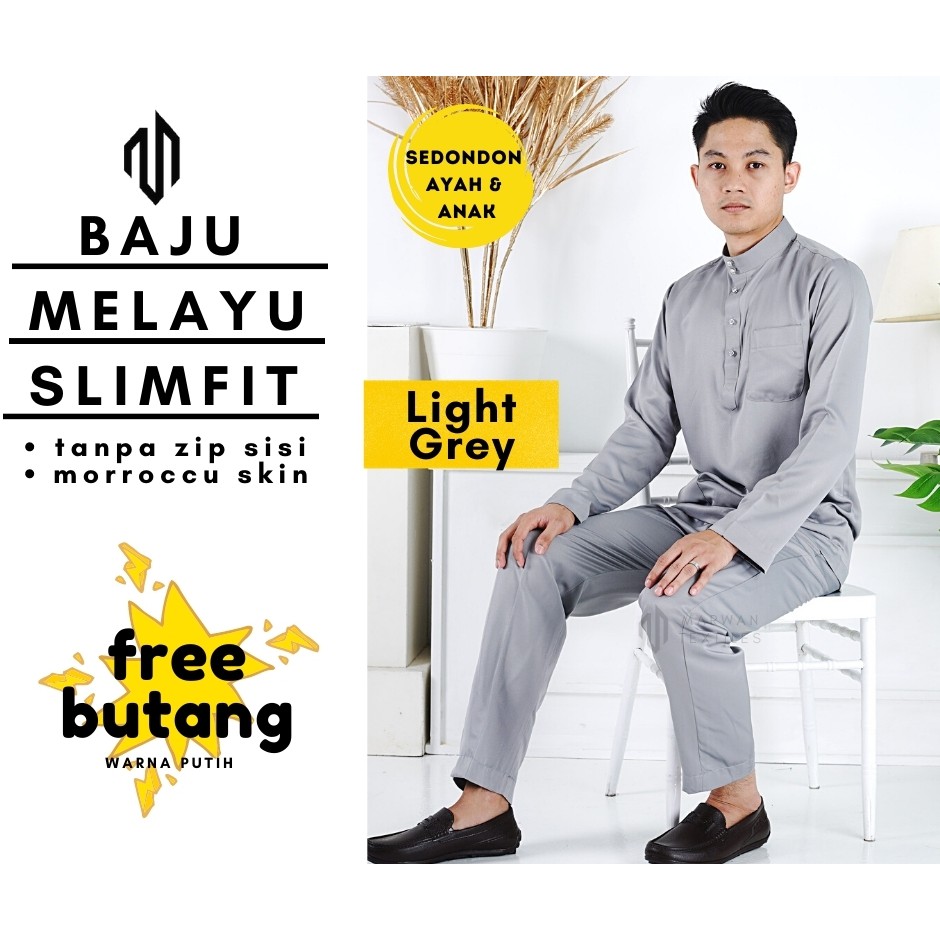  Baju  Melayu Dewasa Slim Fit Cekak Musang Warna  Light Grey  