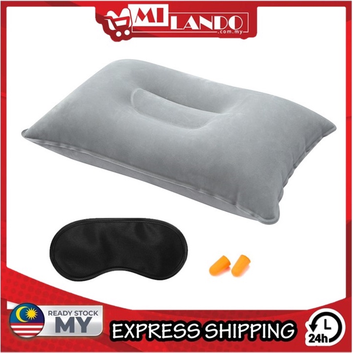 (3-Piece Set) MILANDO Outdoor Inflatable Pillow Portable Travel Pillow FREE Eyemask + Ear Plug (Type 9)