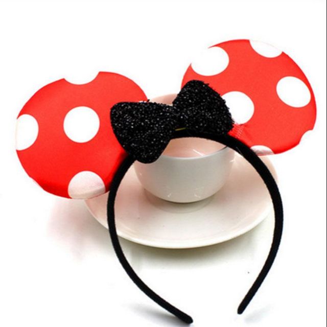 Black Pink Winvin Set of 24 Mickey Minnie Mouse Costume Deluxe Fabric Ears Headband White Polka Dots Bow Boys Girls Birthday Party Hairs Accessories Baby Shower Headwear Halloween Favors Decorations 