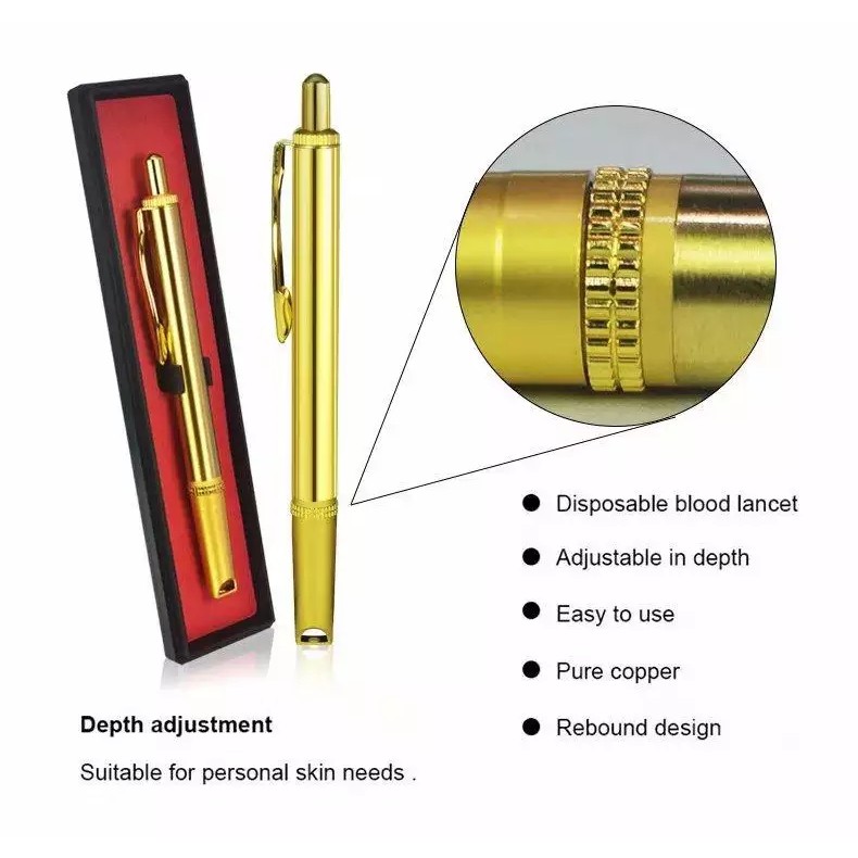 Pure Copper Gold Pen Bekam with 28G Cupping Blood Lancets Kit for Acupuncture Therapy