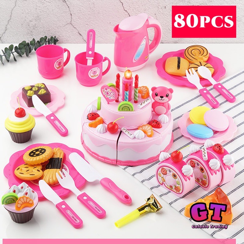 ⚡️READY STOCKS⚡️GT Pink 80pcs Delicious Fruit Cake Toys Tea Set Toys