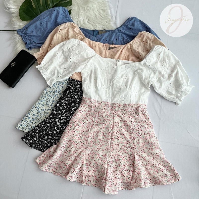#通花上衣拼接碎花绸缎面料连身裤 Crochet Floral Printed Jumpsuit