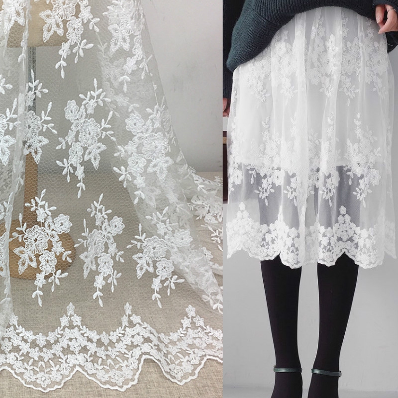 Lace Embroidered Fabric Black Eyelash Floral Bridal Wedding Dress