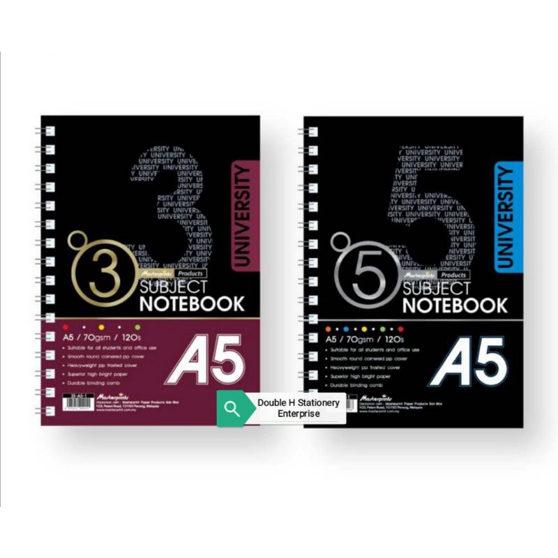 MASTERPRINT A5 University Subject Notebook 3 / 5 Unique Coloured PP Paper 70 gsm 120 pages