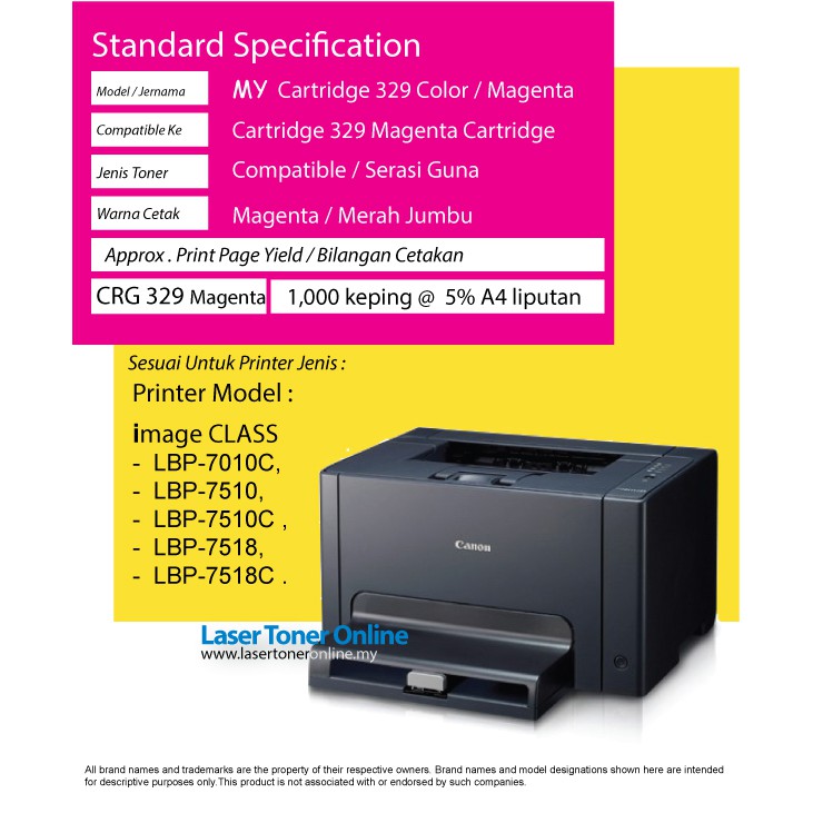 Compatible Canon Crg Cartridge 329 Crg329 Lasershot Lbp7010c Lbp7018c Lbp7018 Lbp7510 Lbp 7018c Color Laser Magenta Shopee Malaysia