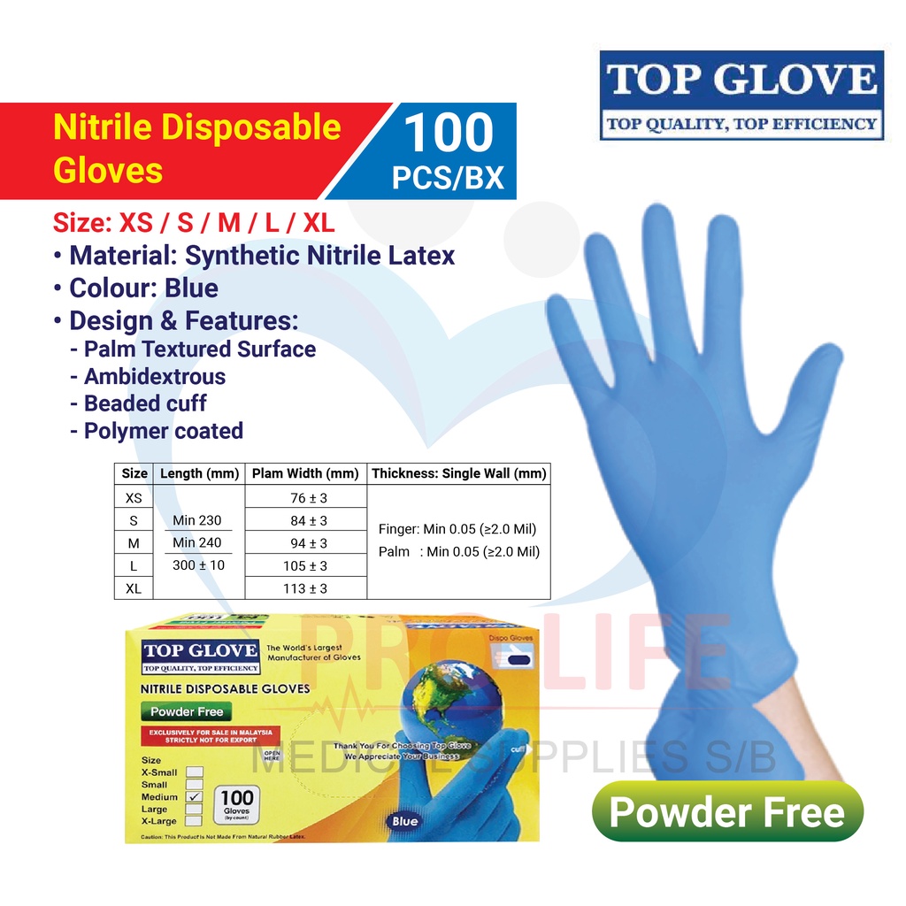 Top Glove Nitrile Powder Free Disposable Glove Blue (100 Pcs)(Size