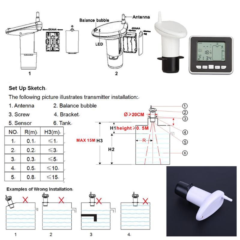 Ultrasonic Water Tank Level Meter Temperature Sensor Low battery Liquid ...