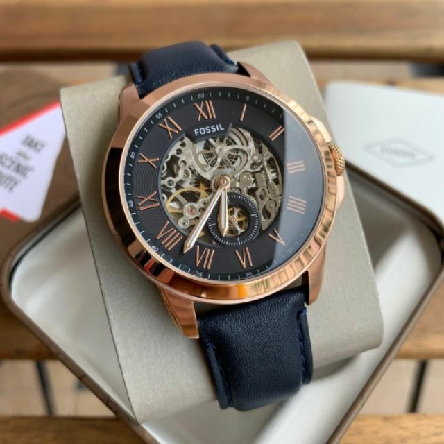 fossil grant automatic blue leather watch