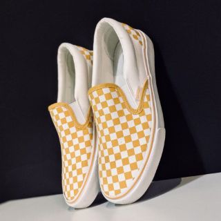 mustard yellow checkerboard slip on vans