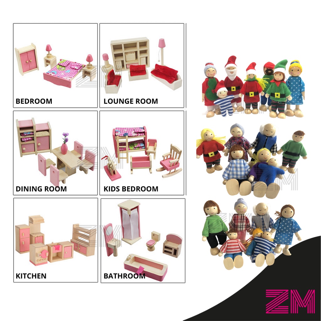 Wooden Doll House Family Dressup Characters Family Role Play Dress up Characters Miniature